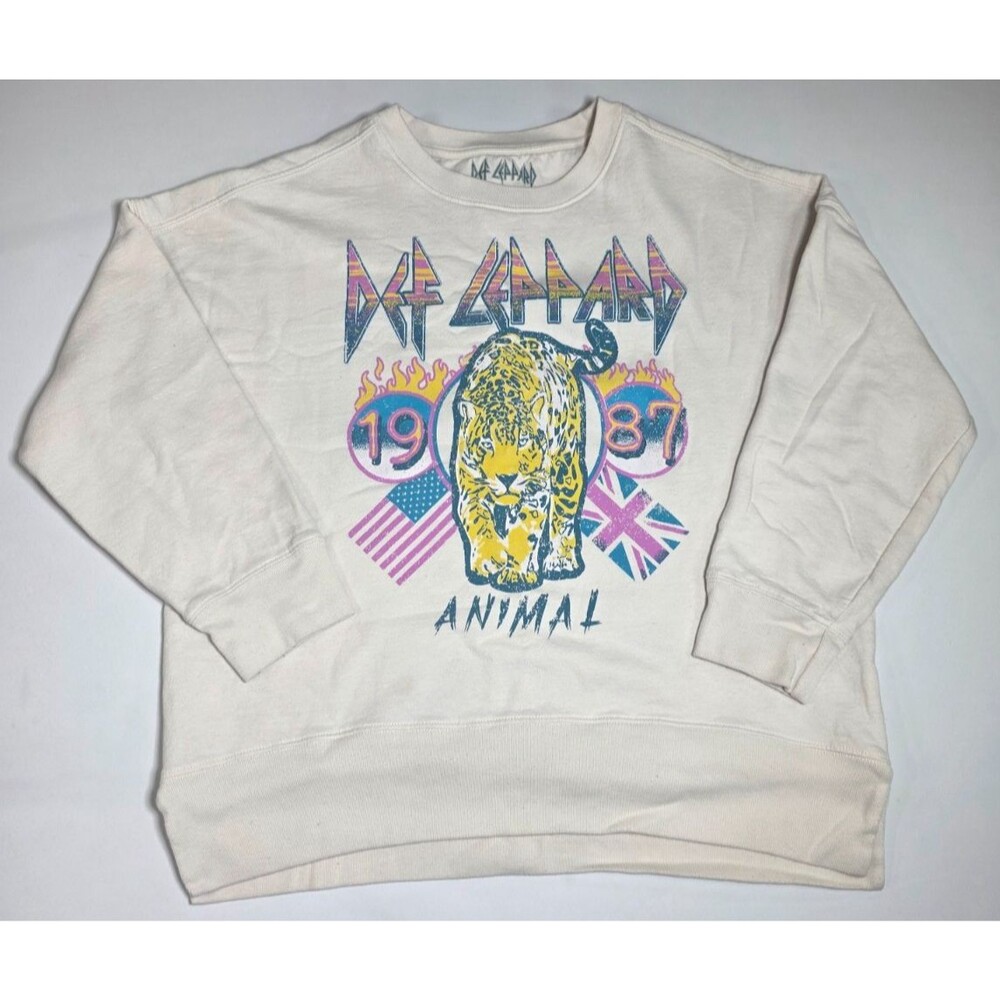 Def Leppard Animal Band Sweatshirt Mens Medium Cream Fleece Graphic Pullover